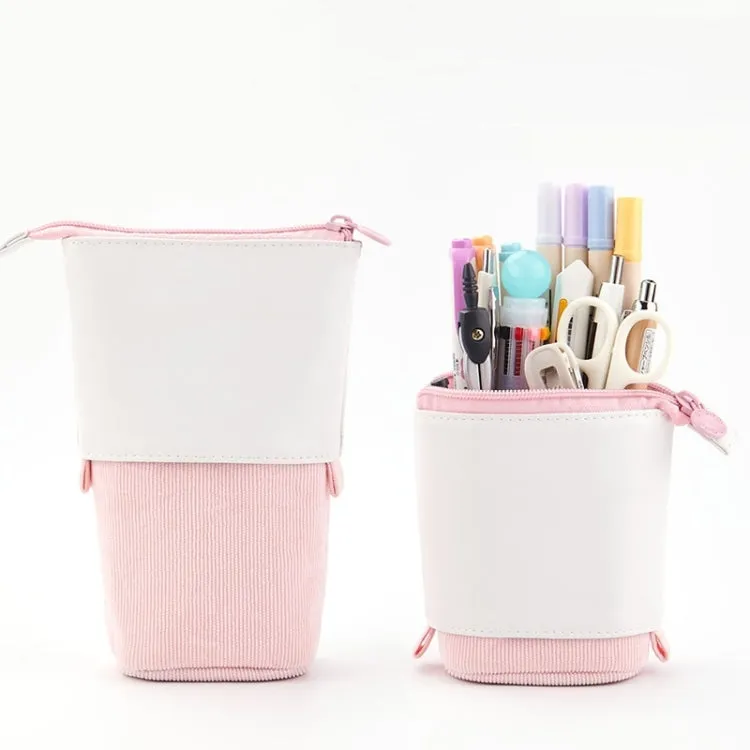 ANGOO Corduroy Retractable Drop-Down Pencil Case Student Stationery Storage Bag(Pink)