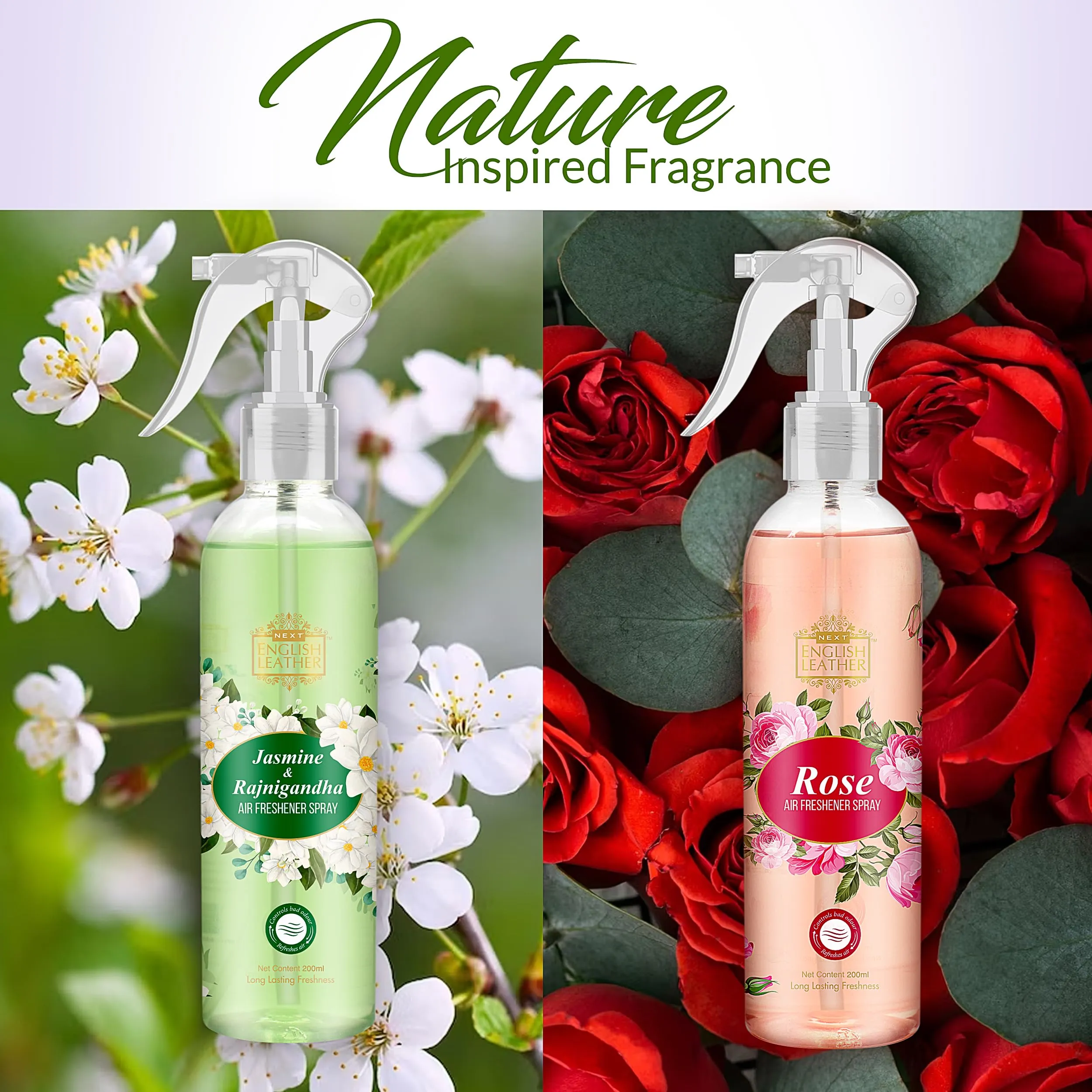 NEXT CARE English Leather Air Freshener Spray - 200ml | 100% Natural Organic Air Freshener Spray for Room, Home, Office & Car | Rose, Jasmine & Rajanigandha Room Fresheners Spray